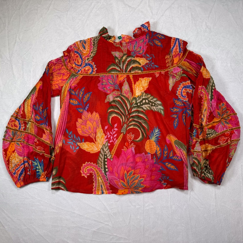 FARM Rio Women's XS Red Floral Ruffle Button Up Long Sleeve Blouse Top - Picture 4 of 7